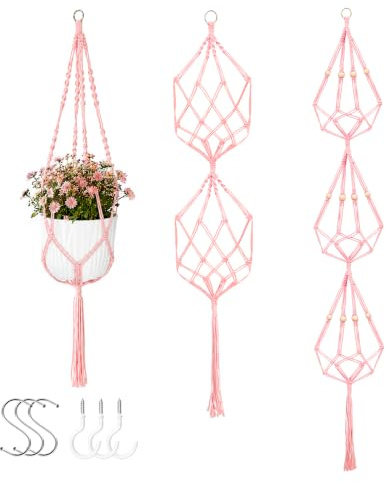 XXXFLOWER Makramee-Pflanzenaufhänger zum Aufhängen, Pflanztöpfe für den Innenbereich, Baumwollseil, hängende Blumentöpfe, Pflanzenhalter mit Perlen, Boho, Balkon, Heimdekoration, Rosa, 3 Stück