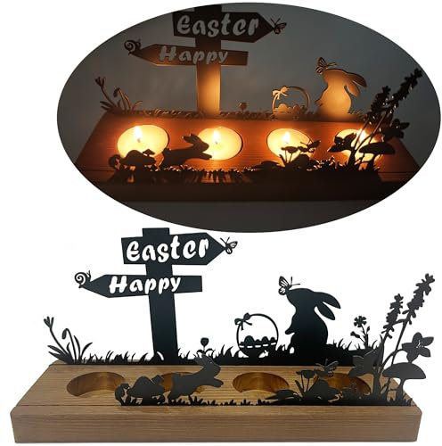 Kerzenhalter Adventskranz für 4 Teelicht, Holz Kerzenständer mit Metall Kerzentellern, Adventsgesteck, Advent Teelichthalter für Tischdeko Adventsdeko Weihnachtsdeko (Ostern)