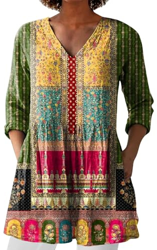 HOOUDO Women Summer Tops with Pockets Linen 3/4 Sleeve V Neck Tunic Top Cotton Linen Casual T-Shirt Oversized Long Swing Blouse Shirts Ladies Clothes Tee