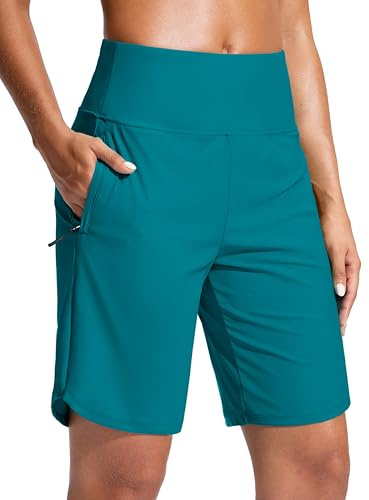 G Gradual Women's 9 Long Swim Board Shorts with Zipper Pockets High Waisted Knee Length Beach Swimming Shorts with Liner (Lake Blue,L)
