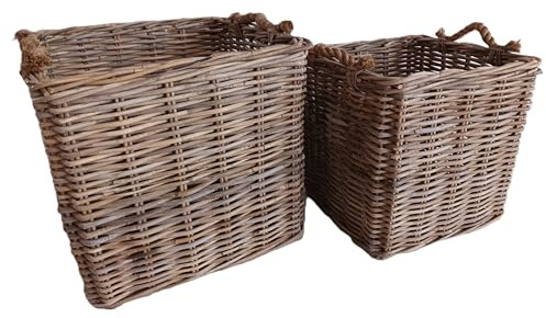 Set di due Cesto Intrecciato per Piante, Porta Vaso da Giardino in Vimini Giunco con manici in Corda. Rattan Naturale Ecosostenibile - Ideale per Interno ed Esterno Cm 45x45x45 H e Cm 53x53x47 H