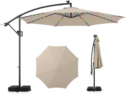 GOPLUS Grand Parasol de Jardin Extérieur avec Pied, Parasol Déporté 3x3M avec LED Coloré, 9 Modes Lumineux, Rotation à 360°, Manivelle, pour Balcon Terrrasse Patio (Beige)