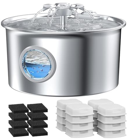 Distributeur Eau Chat INOX Automatique: 2,6L Fontaine Eau Chat Silencieuse - Distributeur Chien INOX - Cascade de Fleurs - avec Fenêtre de Niveau D’Eau - avec 8 Filtres + 8 éponges