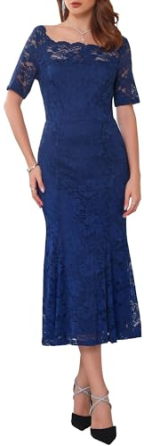 WOMLAYOUT Donna Abito da Cocktail con Spalle Scoperte 2025, Maniche Corte Abiti da Sposa Formali in Pizzo a Sirena Blu Scuro XL