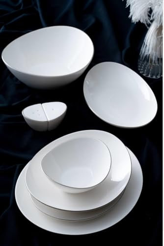 Service de table en porcelaine pour 6 personnes – 29 pièces – Bord argenté – Service de table élégant, moderne et empilable
