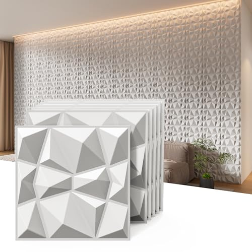 INMOZATA 12-Pack 3D Wall Panels for Interior Decor,11.8x11.8 White,D094-1 | PVC Diamond Textured Wall Panels,10mm Thick Soundproof Waterproof Wall Sticker for Living Room Bedroom