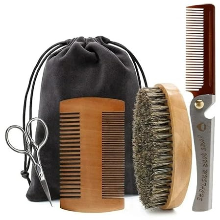 Kit d’Entretien Barbe et Moustache – Brosse à Barbe en Poils Naturels, Peignes en Bois, Ciseaux de Précision et Pochette de Rangement – Set de Soin pour Homme