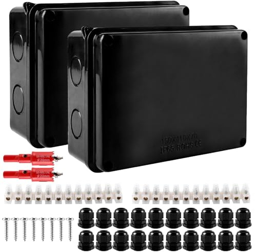WOPPLXY 2 Stück Abzweigdose Wasserdicht IP65, 15x11x7cm Abzweigdose Aufputz mit 20 x M20 Kabelverschraubung, 2 x Lochsäge 20mm, 2 x Klemmleiste, 8 Schrauben, Verteilerdose Aufputz (Schwarz)