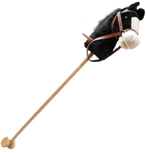 BEAHING Cavallo Bastone Giocattolo, 39 Pony Bastone Peluche Artigianali per Bambini Piccoli, Animale con Ruote Sonore Realistiche e Palo di Legno (Nero)