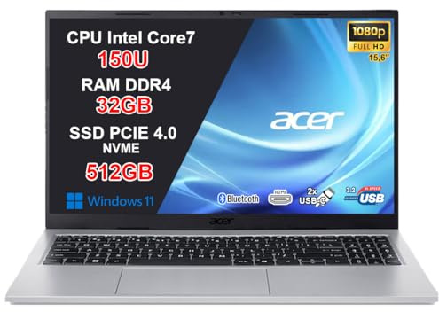 Acer Aspire Go 15 PC Portatile Notebook, CPU Intel Core 7 150U di nuova generazione fino a 5,4 GHz, RAM 32GB, SSD 512GB, Wi-Fi 6, Display 15,6 Full HD Antiriflesso, USB Type-C, Windows 11, Silver