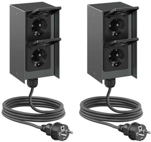 ledscom.de 2X Außensteckdose 2-Fach STEDDA und 2m Kabel, IP44, Edelstahl anthrazit senkrecht, Steckdosen für Garten, Terrasse und Außenbereich