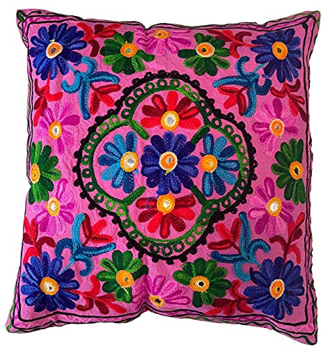 Original Kikan Suzani Multi Colour Floral Embroidery 16x16 40 x 40 cm Indian Ethnic Cushion Cover Takiya Sofa pillow Zipper Back (PINK)