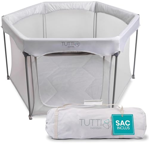 Tutti Bambini Baby & Playpen - Foldable Playpen for Toddlers with Breathable Mesh Walls, Padded Frame, Zip Door & Fitted Mat, Travel Bag (135 x 135 x 75 cm), Silver