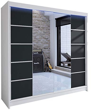 Mirjan24 Kleiderschrank Talin V, Schiebetürenschrank, Garderobenschrank mit Kleiderstange und Einlegeboden, Dielenschrank (Weiß/Schwarz + Spiegel, mit RGB LED Beleuchtung)