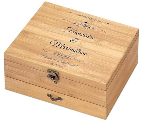 Maverton Weinöffner-Set personalisiert Weinset Sommelier Set - Geschenkbox Holzbox + 8er Weinzubehörset - aus Bambus - Braun - Geschenk Hochzeit Hochzeitstag Paar - Auf gemeinsame Abende
