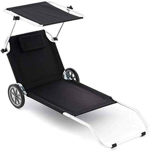 Nexos Trading Gartenliege Sonnenliege Liegestuhl Klappliege Räder und Sonnendach klappbare Liege aus Alu und Polyester Bespannung schwarz Trolleyfunktion
