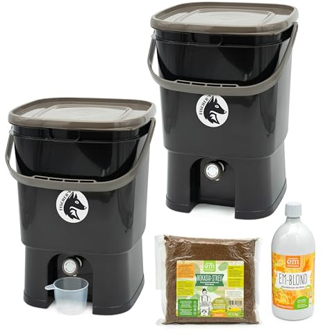 FairFox Bokashi Komposteimer Küche 2er Set [Geruchsdicht] 2 x 19 L Volumen, Küchenabfalleimer, Komposter mit Zubehör 1 L EM + 1 Kg Bokashi Ferment für Küchenabfall & Kompostieren | Biomülleimer