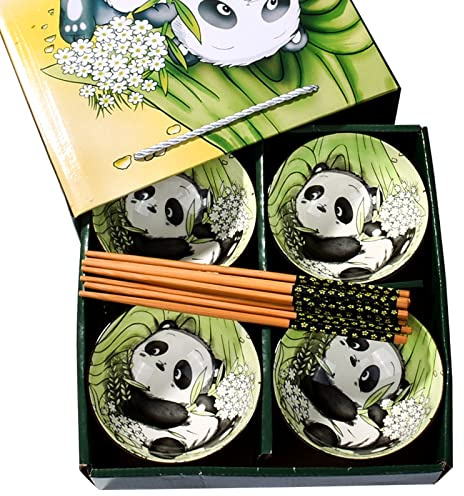 Reisschale aus Keramik mit Essstäbchen, 4 Stück, 11,4 cm, niedlicher Panda, kleine Schalen | Müslischalen aus Porzellan für Snack, Sushi oder Dessert Mikrowellen- und spülmaschinenfest. Geeignet für Einweihungspartys