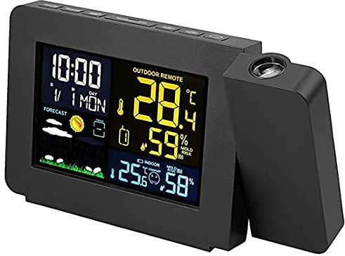 XYEJL Wireless Weather Station Projection Alarm Clock, with Backlight Colorful Outdoor Weather Sensors Date Snooze Digital Temperature Humidity Clock suitable for Bedroom