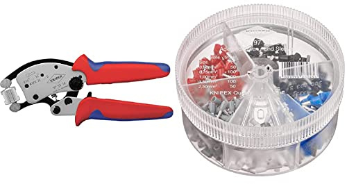 KNIPEX Twistor16 Selbsteinstellende Crimpzange für Aderendhülsen mit drehbarem Crimpkopf (240 mm) 97 53 18, Rot & Sortimentsboxen mit isolierten Aderendhülsen 97 99 906