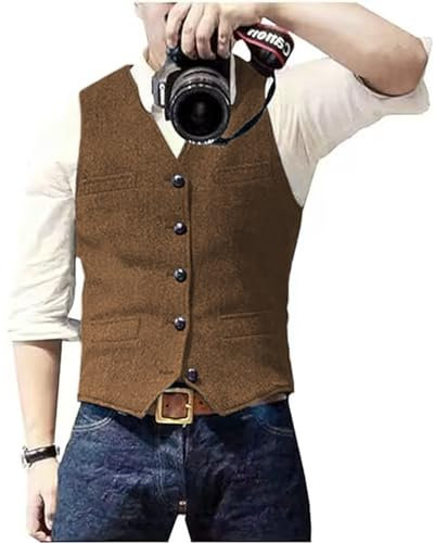 Solovedress Herren Casual Wolle Fischgrätmuster Anzug Weste V-Ausschnitt Tweed Weste für Hochzeit Groomsmen(Braun,XXL)
