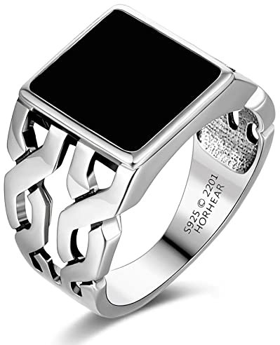 HORHEAR Silberring für Männer im Vintage-Stil Mit Quadratischem Schwarzem Onyx-Stein 925 Thai-Sterlingsilber Durchbrochener Ring (US7)