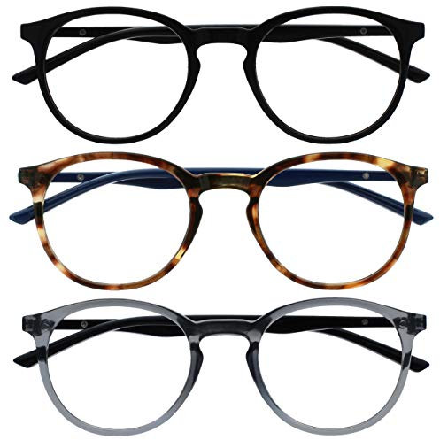 OPULIZE Met-Brille Blaulichtfilter 3er Pack Schlank Runder Rahmen Federscharniere Verbessert Schlaf Computerbrille Gaming Entspiegelt Schwarz Braun Schildpatt Transparent Grau Herren Damen BBB60-127