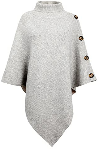 JFAN Dam poncho hög krage sjalar med knappar elegant stickad kappa för kvinnor, Grå, one size