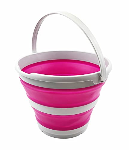 SAMMART 10L zusammenklappbarer Kunststoffeimer – Faltbare runde Wanne – tragbarer Wassereimer zum Angeln – platzsparender Wassertopf für den Außenbereich (Grau/Flamingo)