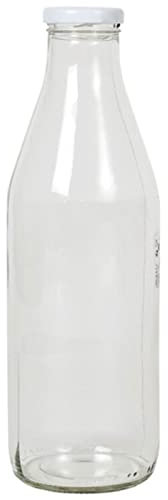 Acan Tradineur - Botella de cristal para leche, botella para bebidas con tapa de rosca, batidos, zumos, licuados de verduras, salsas, frigorífico (Tapa blanca, 1 litro)