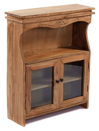 DESIGN DELIGHTS Natur WANDSCHRANK Ribera | Mahagoni Holz, Glastüren, 73 cm, mit Schnitzereien | Hängeschrank, Küchenregal mit Haken, Holzschrank, Wandregal mit Gravur