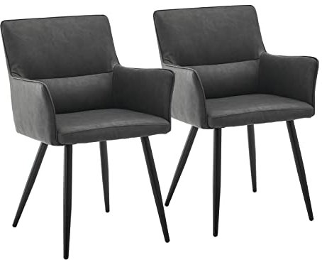 CLIPOP Esszimmerstuhl 2er Set Grau Kunstleder Küchenstuhl Polsterstuhl mit Armlehne und Metall Beine,Retro Design Armlehnstuhl Sessel für Wohnzimmer Esszimmer