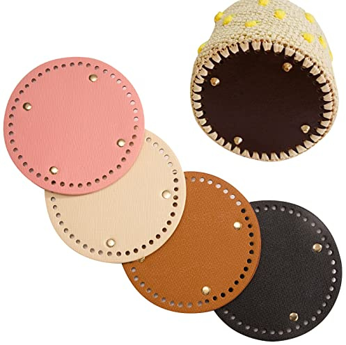 Newellsail 4 Stück Taschenboden PU Leder Taschenboden Zum Häkeln Runden Kunstleder Tasche Boden mit Löchern für Handtasche Strickbeutel Schultertasche DIY Tasche (15cm Durchmesser)