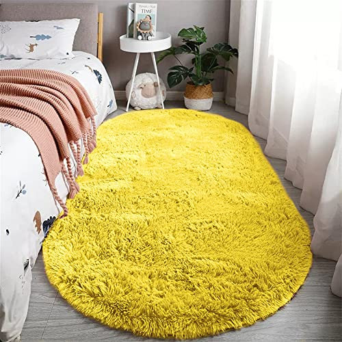 Reyox Teppich Oval Hochflor Shaggy rutschfest Pflegeleicht, Flauschig Weich Langflor Teppich für Wohnzimmer Schlafzimmer Bettvorleger Gelb 140 x 200 cm