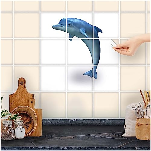 FoLIESEN Fliesenaufkleber - Deko für Bad, Küche, Badezimmer - Dekoration Fliesen-Bild Selbstklebend - Delfin, Fliese (BxH):15x15 cm - 3 Stück