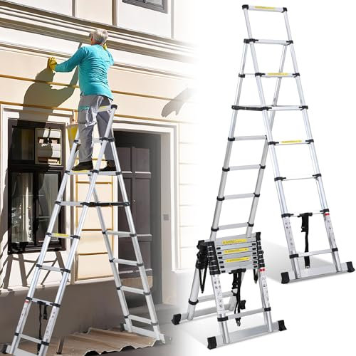 Joparri Scala telescopica in alluminio, 2,0 m + 2,3 m, telaio A, 6 + 7 gradini, scala allungabile per riparazioni di tetto, dimensioni piegate 69 cm, portata 150 kg