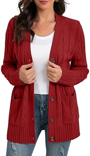 GRECERELLE Cárdigan largo de punto para mujer, cárdigan con bolsillos con botones para mujer, holgado, manga larga, suéter de gran tamaño, cárdigan para otoño, invierno, primavera, 13 Brick Red, XXL