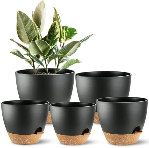 SE Sun-E Lot de 5 Pots de Fleurs à arrosage Automatique avec Trou de Drainage, Pots de Fleurs pour Toutes Les Plantes d'intérieur, Pots de Fleurs Modernes en Plastique Noir à arrosage Automatique