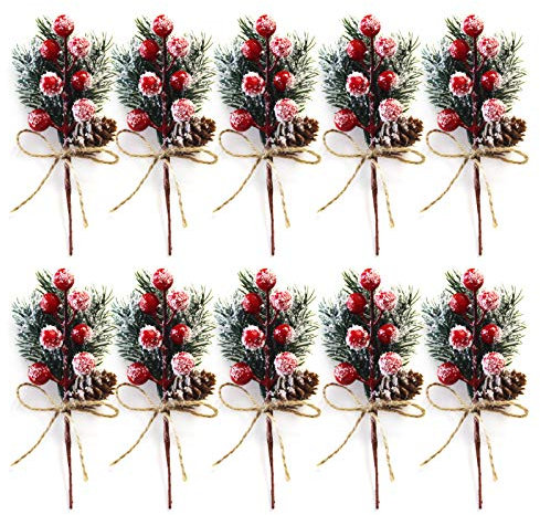 10/20 Stück Künstliche Kiefern-Picks, Beflockte Stechpalmen-Weihnachtsstiel mit Roten Beeren, Künstliche Tannenzapfen, Stechpalmen-Stiel Zum Basteln, Winterurlaub-Blumen-Picks Zum(10 Stück/Rot)