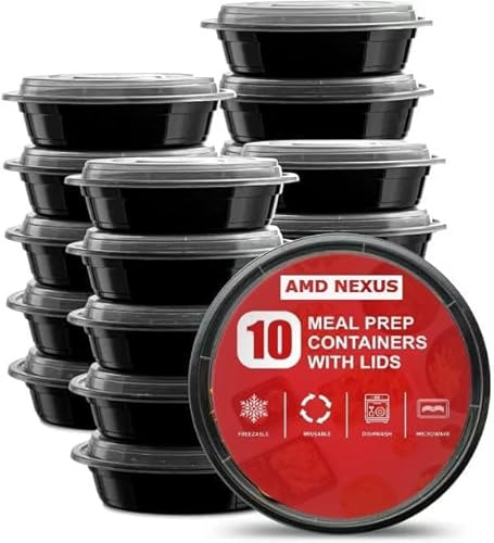 AMD Nexus (10 Pack, 24oz) Round Plastic Meal Prep Containers- Reusable BPA Free Food Containers with Airtight Lids - Microwavable, Freezer and Dishwasher Safe