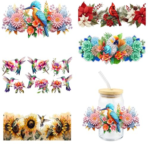 AMONEYLS Bird 3D Waterproof Transfer Sticker (5pcs), UV DTF Cup Wraps for 16OZ Glass, Scratch Resistant Decals for Crafts and Furniture, Irregular Shape, Single Use, Birds Theme, Plastic, Am010