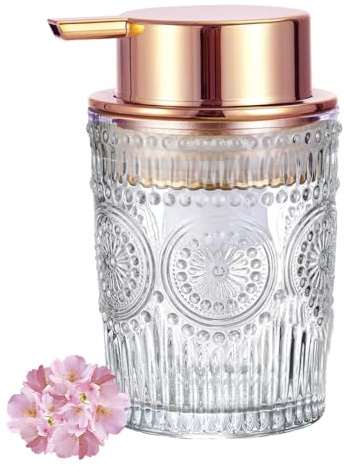 MIFULY Glass Soap Dispensers with Copper Rose Gold Pump Head, Hand Soap Dispenser for Kitchen and Bathroom, Heavey Sunflower Glass Cup 330ml/11oz - 1 Pack