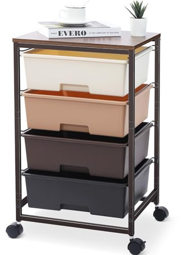 SYKIARIOL 4 Schubladen Rollwagen, Aufbewahrungswagen Allzweckwagen auf Rädern mit Holztischplatte,Rollwagen für Küche, Wohnzimmer, Schlafzimmer, Einfache Bewegung, Große Kapazität,4 Schubladen,Braun