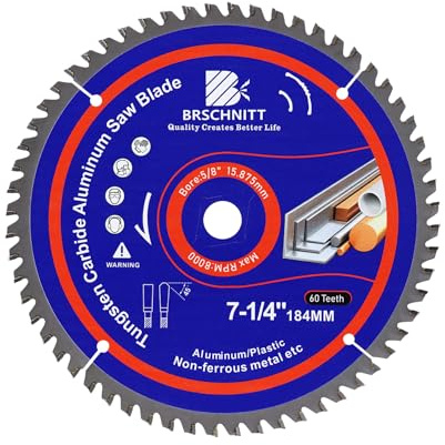 BRSCHNITT Kreissägeblatt für Aluminium & Kunststoff Ø 184mmX15.875mm 60T - Material Sägeblatt Ideal für Holz,Laminat,MDF,Kunststoff, und Kupfer für Kreissäge,Kappsäge&Tauchsäge