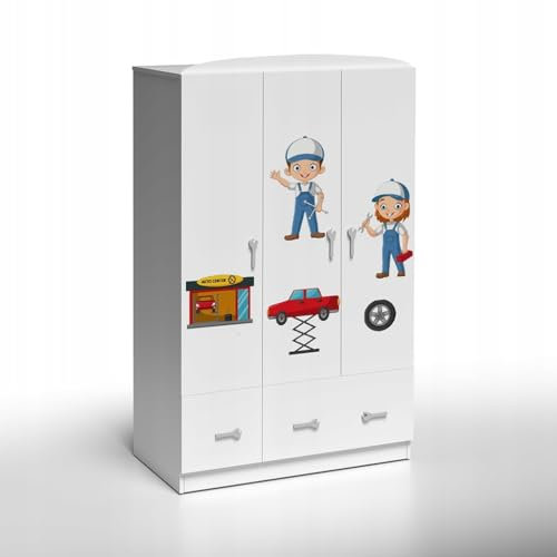PLASTIKO - Stilvoller Dreitüriger Kinderkleiderschrank mit dynamischem Auto-Motiv, Perfekt für das Moderne Kinderzimmer 60X110X190 cm