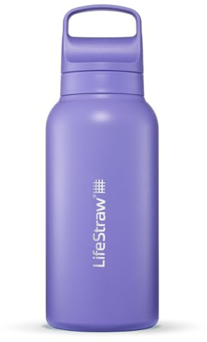 LifeStraw Go Series – Insulated Stainless Steel Water Filter Bottle for Travel and Everyday Use, 1L Thistle Purple