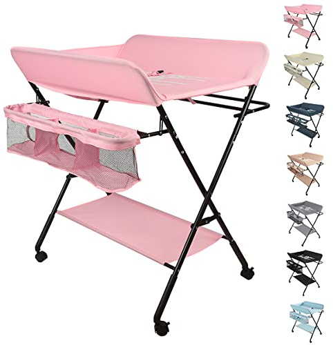 OHMG Fasciatoio pieghevole per bambini, fasciatoio con ruote, fasciatoio mobile con fasciatoio, cintura di sicurezza e scomparti, impermeabile e regolabile in altezza, stabile