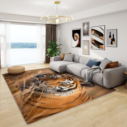 Tigermotiv Teppich - Wohnzimmer Schlafzimmer Tiger Tiere, Großer Tigermuster, Weich Kurzflor & Waschbar & Rutschfest, Kinderteppich, Bettvorleger 140x200 cm