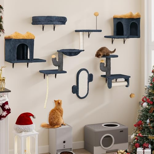 YITAHOME Set di 7 Pareti da Arrampicata per Gatti, Robusta Struttura in Peluche, Torri da Gioco Con Casetta/Amaca/Palla Sospesa, Grigio Scuro e Giallo