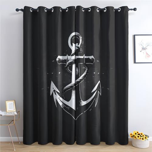 SZLYZM Maritime Anker Vorhänge, Verdunklungsvorhänge mit Muster Nautisch, Vorhang Blickdicht mit Ösen, Gardinen für Wohnzimmer Schlafzimmer Deko 2er Set - 137x117 (H X B)